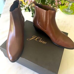 JCrew NIB Chocolate Brown Leather Cowboy Booties. 1-3/4” stacked wood heels